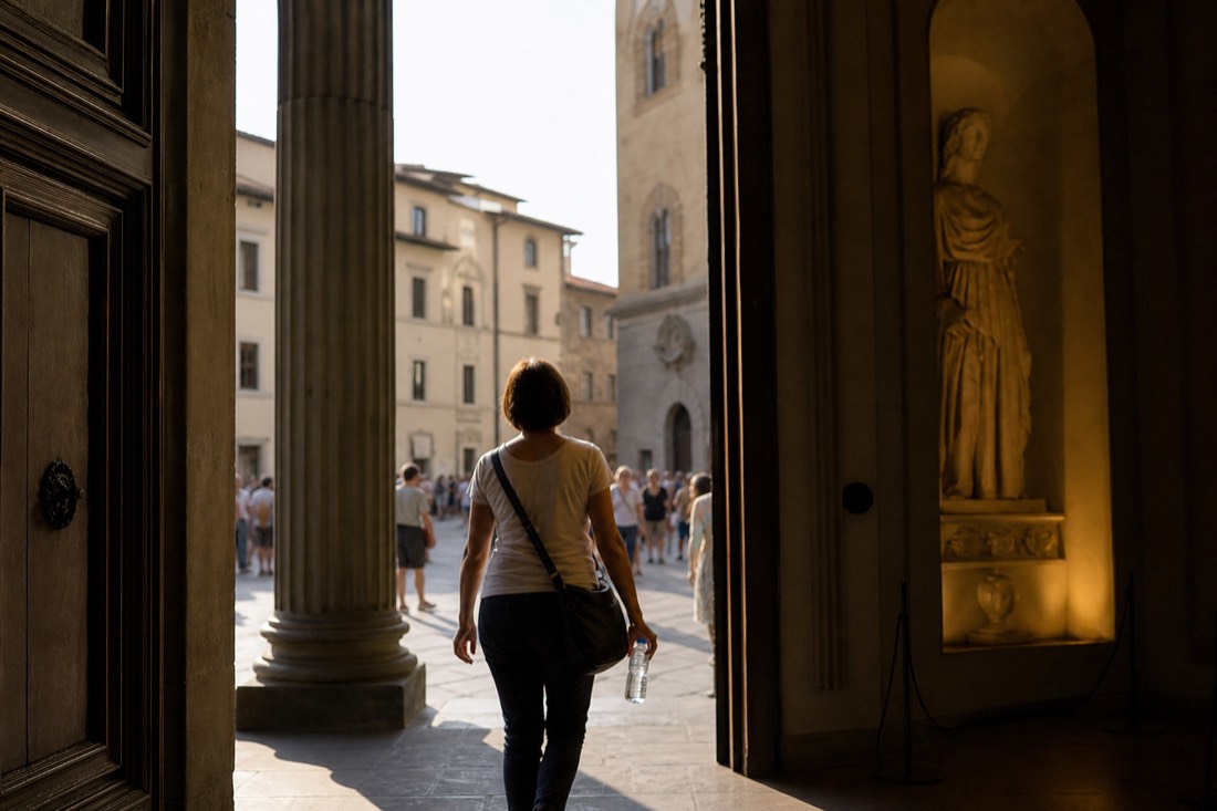 A visitor holding a water bottle stepping from a sunny Florence street into the shaded entrance of the Accademia Gallery
