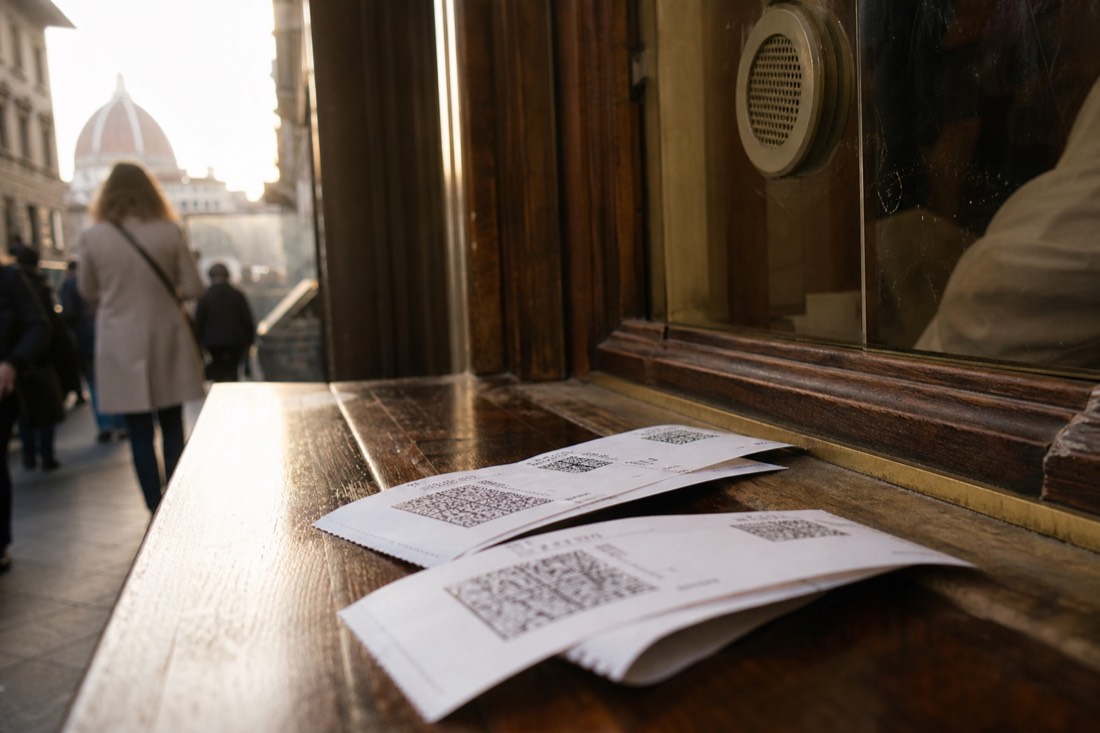 Close view of paper timed-entry tickets on a wooden counter at a small ticket office on a Florence side street