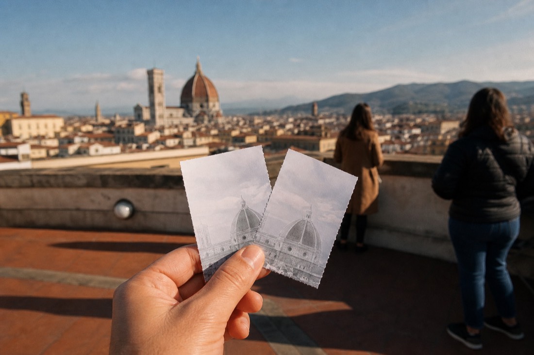 Hand holding printed tickets in front of the terracotta dome skyline of Florence from a rooftop terrace