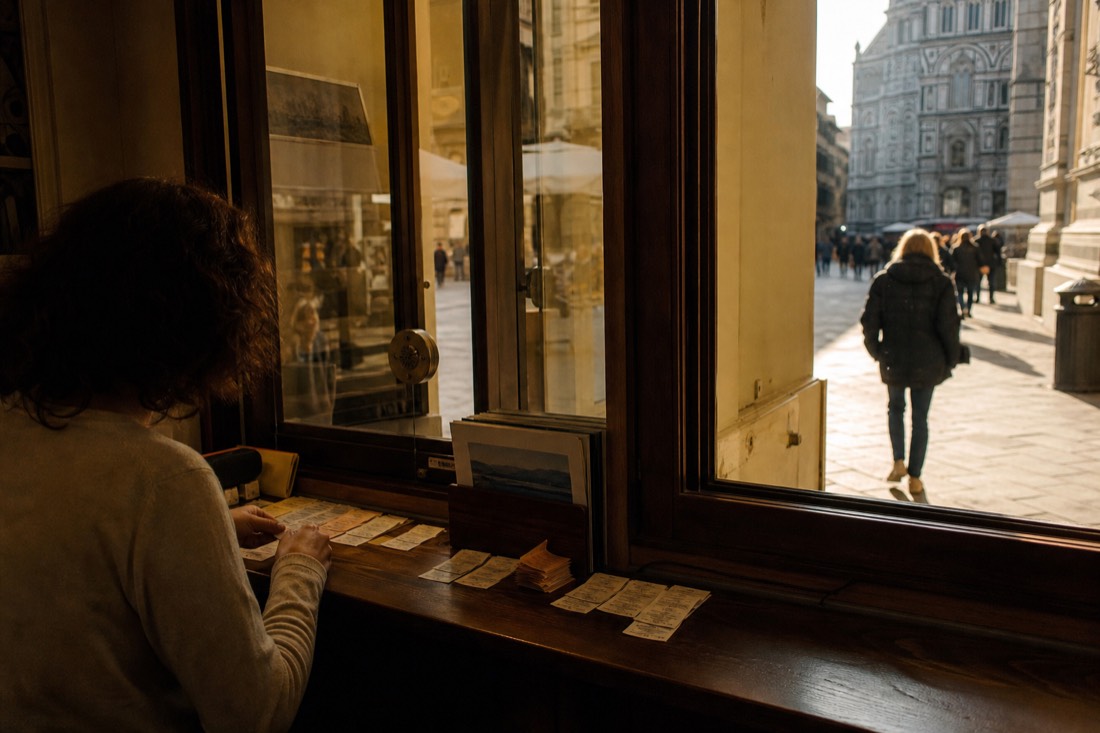 A small ticket office interior on a Florence street with paper tickets on a wooden counter and a window onto passersby