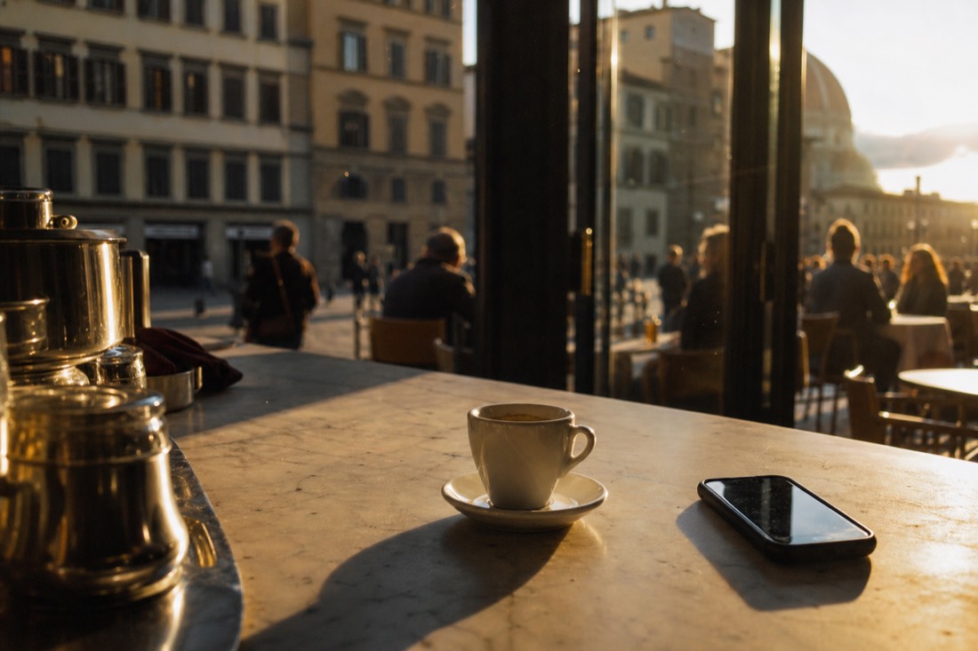 Espresso cup and smartphone on a marble bar counter in a Florence cafe at sunrise