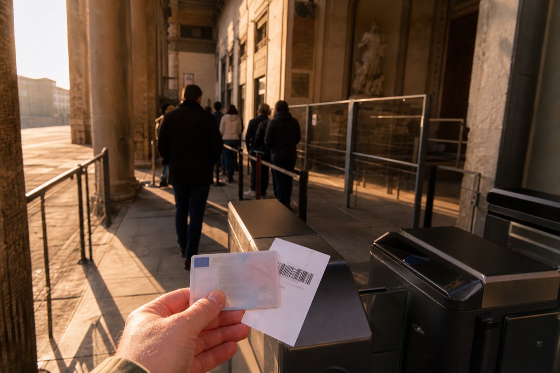 A hand holding a European identity card beside a paper ticket at the entrance turnstile of the Accademia Gallery