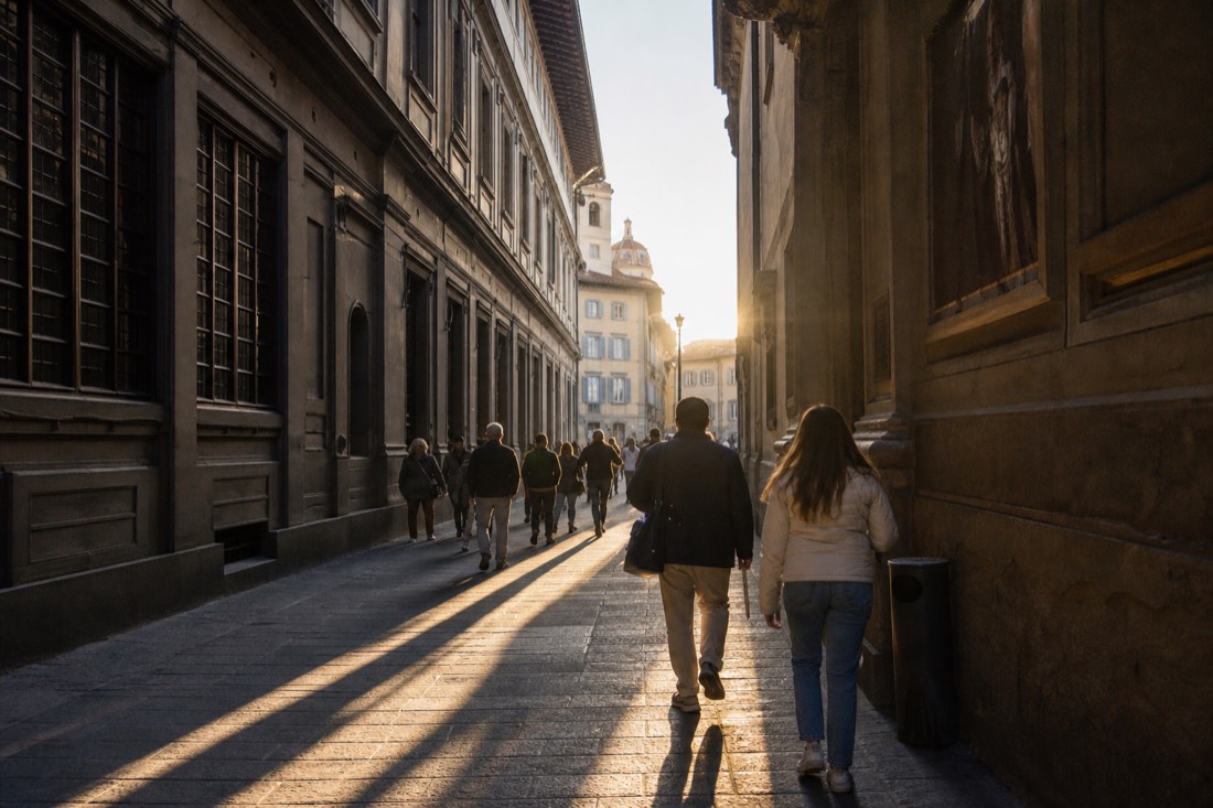 Autumn light on a quiet Florence street between two museums with a few visitors in light jackets and long shadows on the paving